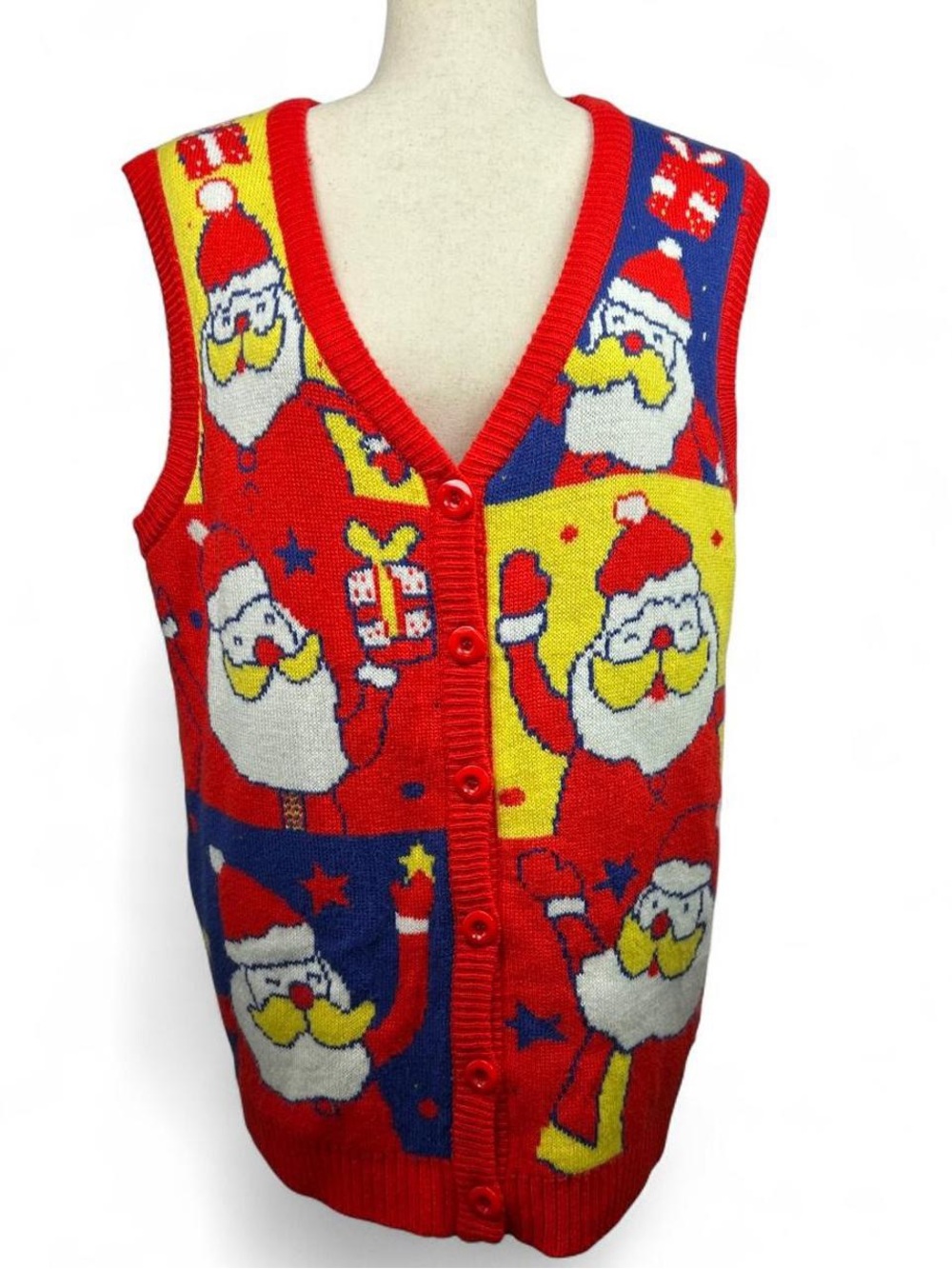Vintage Red Christmas Santa Claus Whimsical Knit Sweater Vest XL